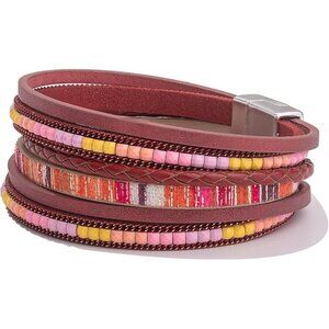 Boho Leather Wrap Bracelet 8 Inches Multi-Strand Layered Jewelry with Magnetic C
